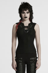 Schwarze ärmellose Punk-Weste mit tiefem Ausschnitt und Netz für Damen